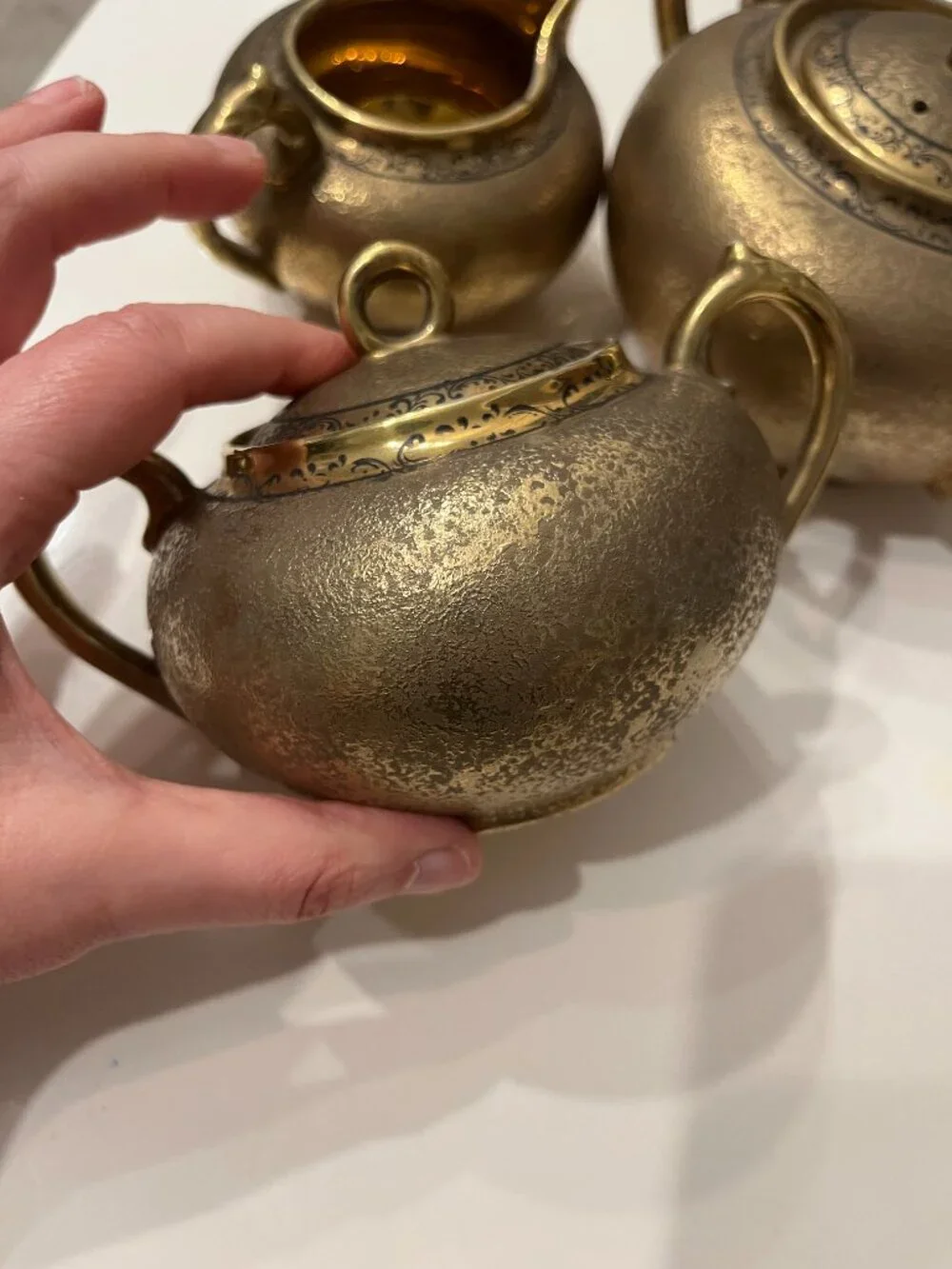 Vintage 3-Piece Japanese Encrusted Weeping Gold Porcelain Tea Set -